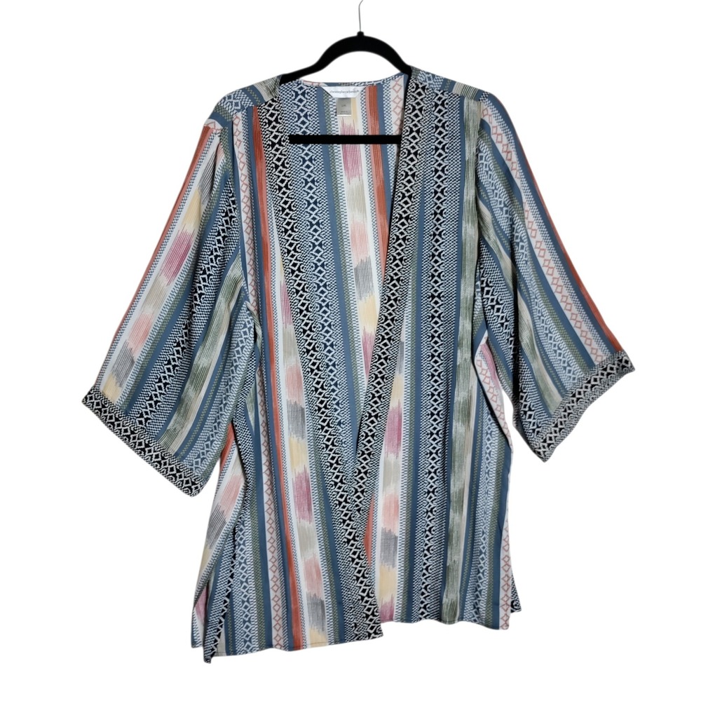 Christopher & Banks Womens L/XL Kimono Cardigan Blue Geometric Ikat Open Front